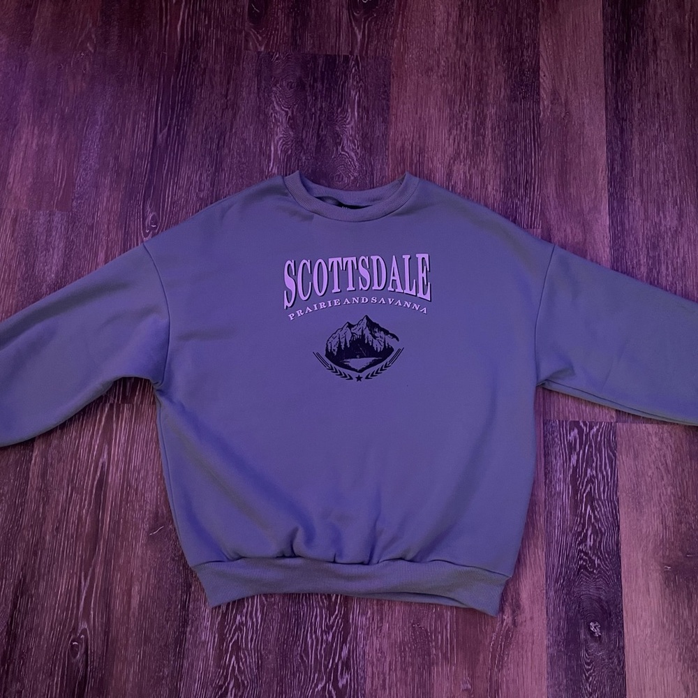 The blue crew neck from SHEIN, a little cropped (doesn’t cover butt)